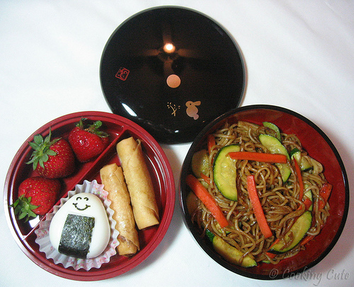 [mr. bento with pasta, sauce, soup, and veggies]